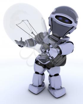 3D Render of a Robot with light bulb