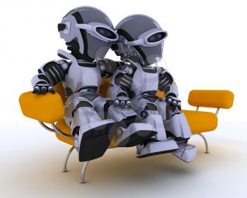 3D render of a robots sitting on a sofa
