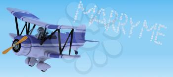 3D render of a robot flying a biplane sky writing