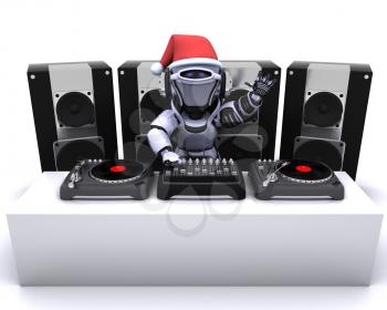 3D render of a Christmas Robot  DJ mixing records on turntables
