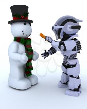 3D render of Robot building a snowman