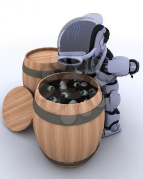 3D render of a Robot bobbing for eyeballs in a barrel