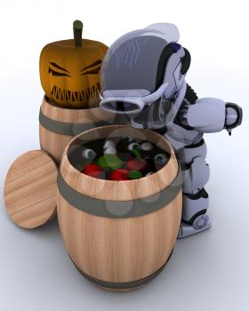 3D render of a Robot bobbing for apples in a barrel