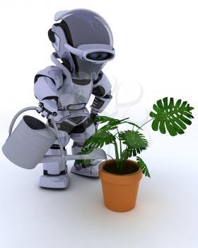 3D render of a Robot with  watering can feeding a plant