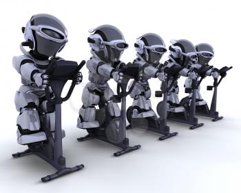 3D render of robots on exercises bike