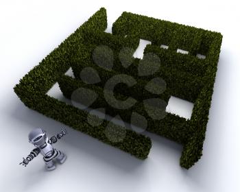 3D render of a Robot at the start of a maze