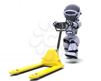 3D render of Robot with yellow pallet truck