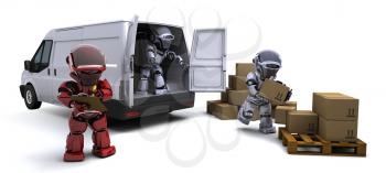 3D render of Robot with Shipping Boxes loading a van