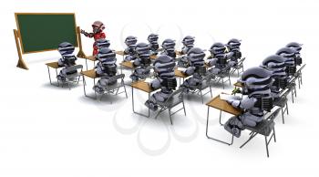 3D render of a robot teacher in classroom