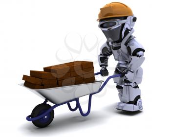 3D render of a robot Builder with a wheel barrow carrying bricks