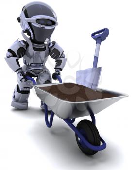 3D render of a robot gardener with a wheel barrow carrying soil