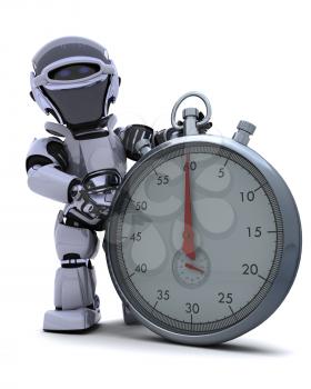 3D render of a Robot with a Traditional chrome stop watch