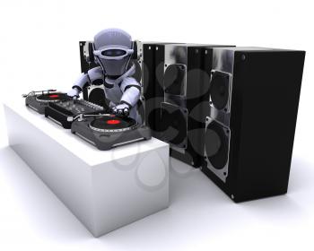 3D render of a Robot  DJ mixing records on turntables