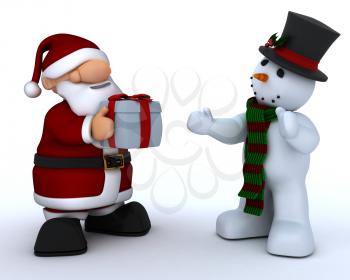 3D Render of a Cute Santa Claus Charicature and snowman