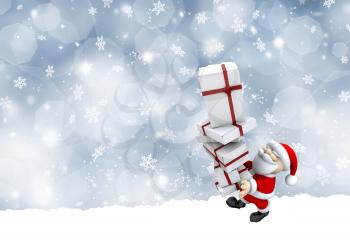 Cute Santa Claus carrying a stack of Christmas gifts on a snowflake background