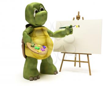 3D render of a Tortoise with easel and paint palette