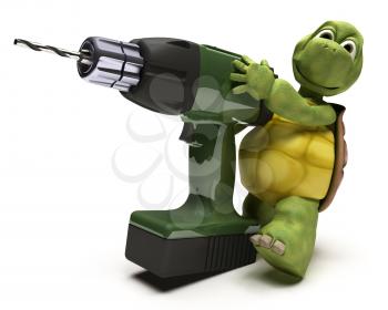 3D render of a Tortoise with a power drill