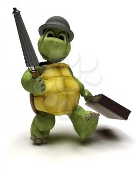 3D render of a Tortoise with bowler hat and briefcase