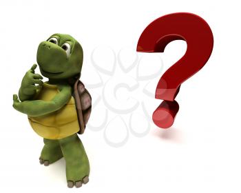 3D render of a Tortoise Caricature thinking by a question mark