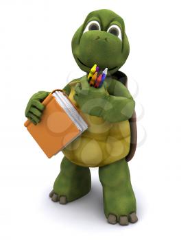 3D render of Tortoise with school book and crayons