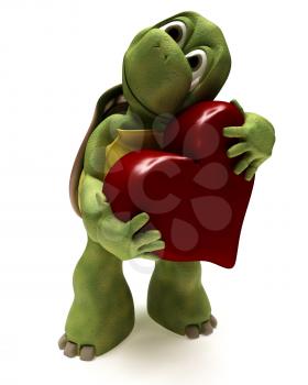3D render of a Tortoise Caricature hugging a heart