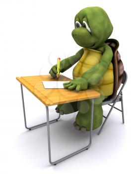3D render of tortoise sat at school desk