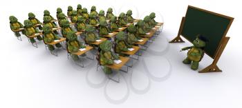 3D render of tortoise sat at school desk