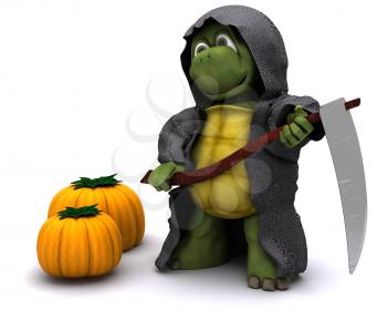 3D Render of a tortoise dressed as the grim reaper for halloween