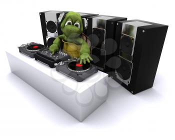 3D render of a tortoise DJ mixing records on turntables