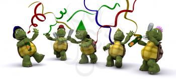3D render of a tortoises celebrating at a party