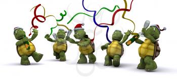 3D render of a tortoises celebrating at a christmas party