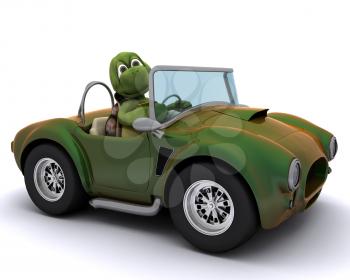 3d render of a tortoise driving a car
