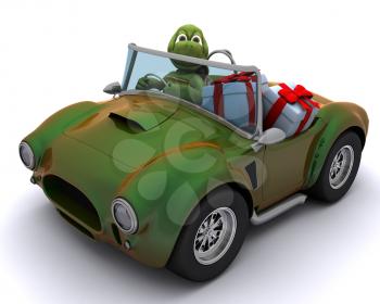 3d render of a tortoise driving a car with gifts