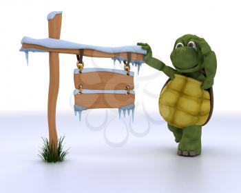 3d render of a tortoise with a frozen blank road sign