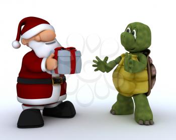 3D render of a tortoise and Santa Claus