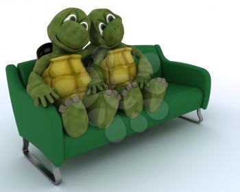3D render of a tortoise on a sofa
