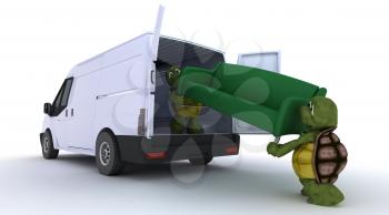 3D render of a tortoises loading a sofa into a van