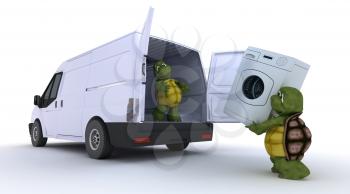 3D render of a tortoises loading a washing machine into a van