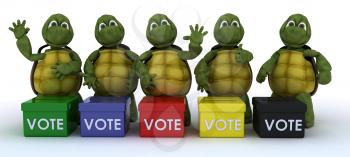 3D render of tortoises canvasing for votes in election