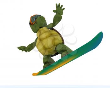 3D render of a tortoise riding a snowboard