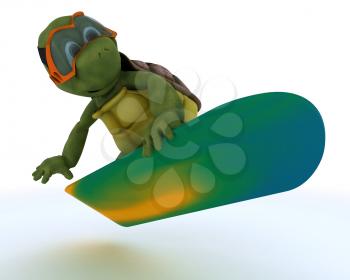 3D render of a tortoise riding a snowboard