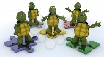 3D render of a tortoises on jigsaw pieces