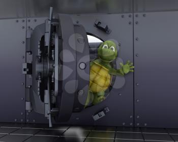 3D render of a tortoise in a bank vault