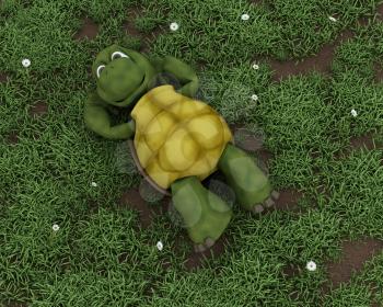 3D render of a tortoise lying on grass in flowers