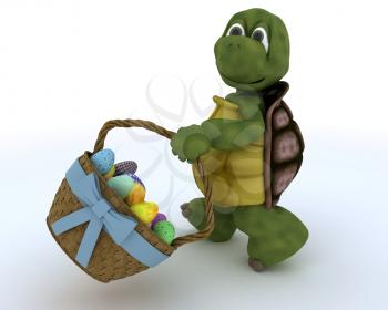 3D render of a tortoise with basket of easter eggs