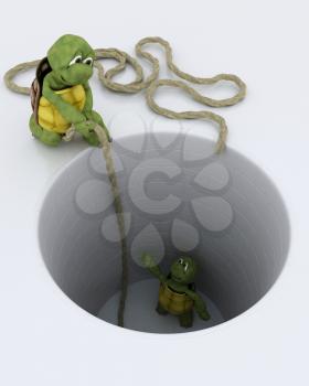 3D render of a tortoise stuck in  hole metaphor