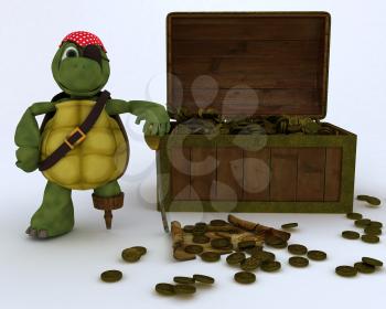 3D render of tortoise pirate with a treasure chest
