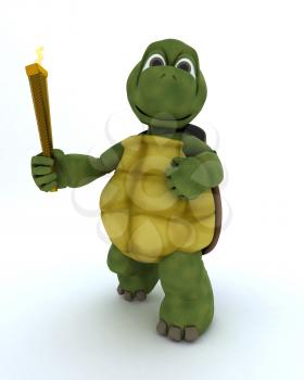 3D render of a tortoise running with othe olympic torch