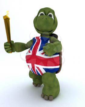 3D render of a tortoise running with othe olympic torch