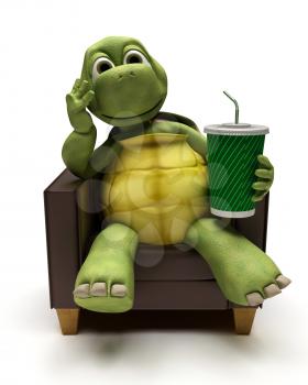 3D Render of a Tortoise relexing in armchair drinking a soda